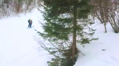 Kayakçılar Mount Katrin, Bad Ischl, Salzkammergut, Avusturya nazik eğim piste boyunca yokuş aşağı gitmek.