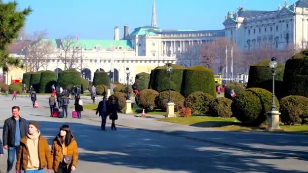 ウィーン オーストリア 2019年2月17日 ウィーンで2月17日に トリミングされた茂みの後ろにホーフブルク宮殿と外側の城門の景色を望むマリア テレージアン プラッツ の庭の混雑した路地 — ストック動画