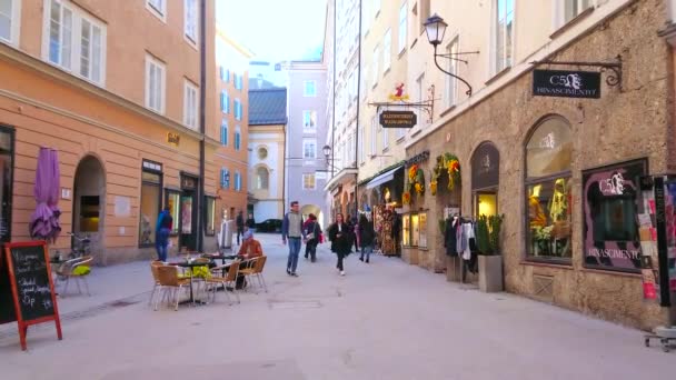 Salzburg Avusturya Şubat 2019 Küçük Açık Kafeleriyle Rahat Sessiz Judengasse — Stok video