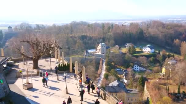 Salzburg Austria Febrero 2019 Terraza Panorámica Del Castillo Salzburgo Atrae — Vídeos de Stock