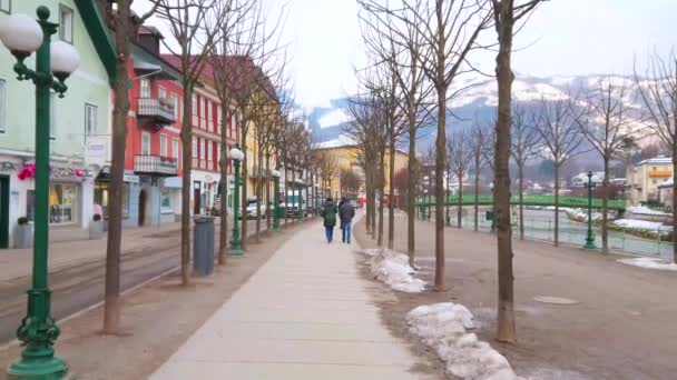 Bad Ischl 奥地利 2019年2月20日 2月20日在巴德Ischl 特拉翁河的冬季滨海堤堤 一排排小树 复古路灯和历史房屋 — 图库视频影像