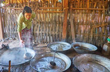 Toddy palmiye şarabı ve brendi üretimi, Bagan, Myanmar