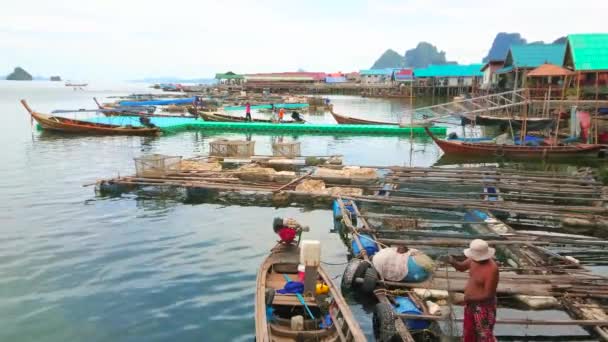 Panyi Таїланд Квітня 2019 Старі Байдарки Рибні Ферми Березі Села — стокове відео