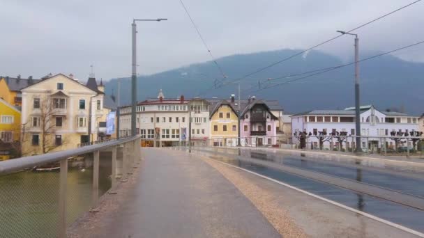 Gmunden Avusturya Şubat 2019 Issız Traun Köprüsü Traunbrucke Boyunca Giden — Stok video
