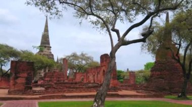 Wat Phra si Sanphet Park yürümek-korunmuş chedis ve binalar temelleri ile Antik Kraliyet Sarayı topraklarında Budist Tapınağı arkeolojik site, Ayutthaya, Tayland