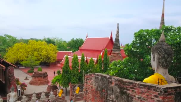 아유타야 2019년 아유타야에서 부처님 우보소트 조각체디스 정원의 거대한 동상이 몽콘의 — 비디오