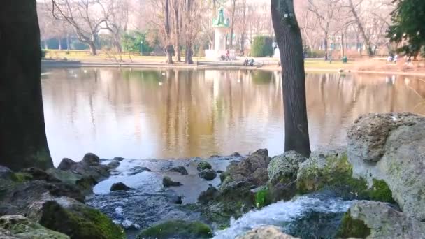 冬の木やマラード オーストリアの景色を望むウィーンのシュタットパーク シティパーク の小さな滝 — ストック動画