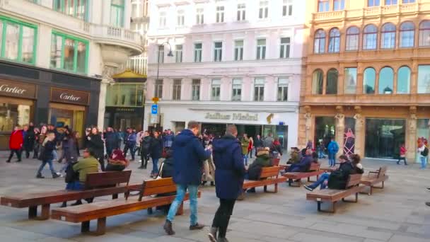 Wien Österrike Februari 2019 Graben Street Med Många Restauranger Utomhusterrasser — Stockvideo