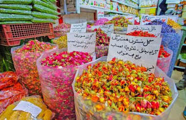 Kokulu kurutulmuş güller, Tacrish Bazaar, Tahran, İran