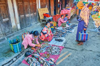 Mingalar Market, Nyaungshwe, Myanmar'da taze balık seçimi