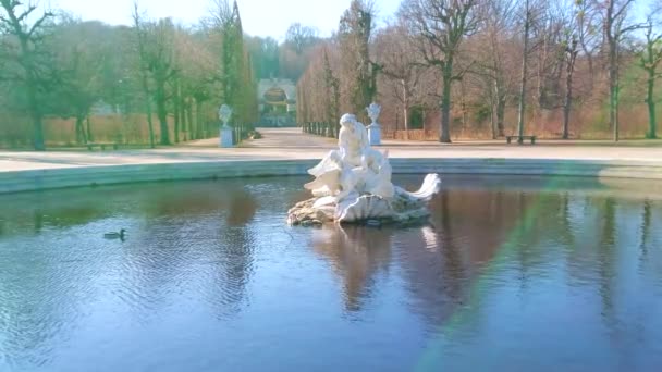 奥地利维也纳 2019年2月19日 享受冬季阳光明媚的天气 漫步于位于维也纳尚布伦宫花园的梅德林格林登格罗夫斯优雅的奈德喷泉 — 图库视频影像