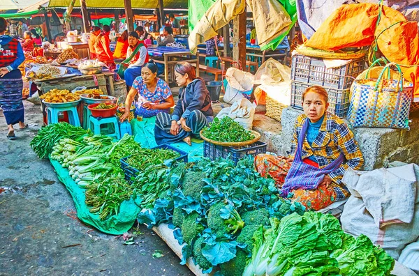 Vegetables and salad herbs in Mingalar Market, Nyaungshwe, Myanm — Stock Photo, Image