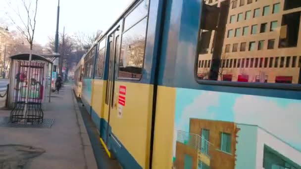 Vienna Austria February 2019 Retro Style Blue Tram Arrives Terminal — Stock Video