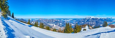 Panoramik kış manzarası, Zwolferhorn, St Gilgen, Salzkammergu