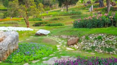 Chiang Rai, Tayland - 9 Mayıs 2019: Renkli çiçek yatakları ve topiary bitkiler, Doi Tung, 9 Mayıs'ta Chiang Rai ile kaplı tepeden inanılmaz Mae Fah Luang bahçe Panorama
