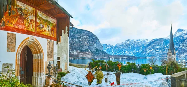 Panorama del cementerio de la iglesia parroquial, Hallstatt, Salzkammergut, A — Foto de Stock