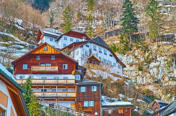 Domy na horském svahu Halltatt, Salzkammergut, Rakousko — Stock fotografie
