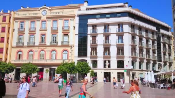 Malaga España Septiembre 2019 Panorama Plaza Constitución Con Tiendas Cafeterías — Vídeo de stock