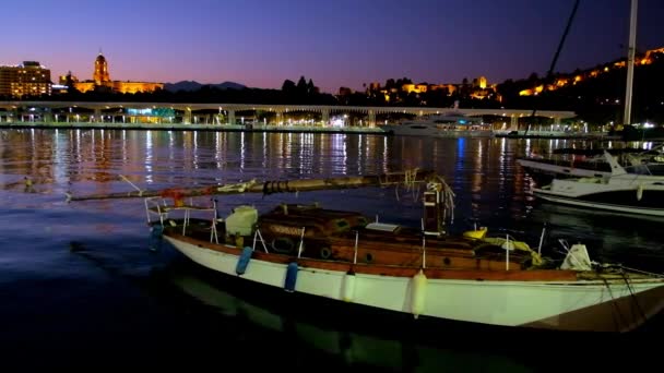 2019年9月26日 西班牙马拉加 Malaga 9月26日 位于马拉加 Malaga 的停泊游艇线 船尾点亮了大教堂和阿尔卡萨巴要塞 — 图库视频影像