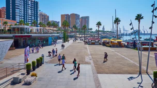 スペイン マラガ 2019年9月28日 ミュエル ウノの海辺の遊歩道で 9月28日にマラガで ファッションストア カフェ レストラン 観光フェリーターミナル — ストック動画