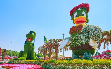 DUBAI, BAE - 5 Mart 2020: Mucize Bahçesi 'nde çiçek ve canlı bitkilerle kaplı Webby ve Goofy çizgi film karakterlerinin yerleştirilmesi, 5 Mart' ta Dubai 'de