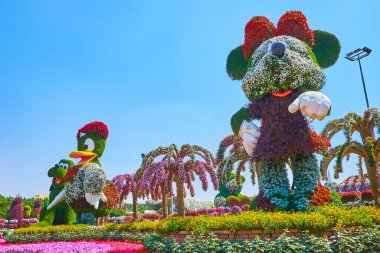 DUBAI, BAE - 5 Mart 2020: Miracle Garden, popüler Walt Disney karakterlerinin (Webby, Minnie Mouse, Goofy) 5 Mart 'ta Dubai' de petunyalar, kadife çiçekleri ve yeşil bitkilerle çevrili ve manzaralı tesislerine sahiptir.