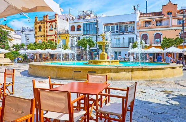 Sanlucar Espanha Setembro 2019 Fonte Edifícios Antigos Praça Plaza Del — Fotografia de Stock