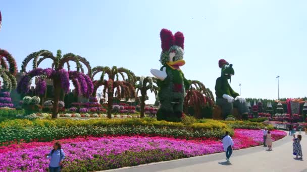 DUBAI, SAE - MARCH 5, 2020: Panorama zázračné zahrady s kruhovou uličkou, barevné záhony, velká instalace postav Walta Disneyho - Webby, Huey, Dewey, Louie Duck, Goofy a Mickey Mouse, 5. března v Dubaji