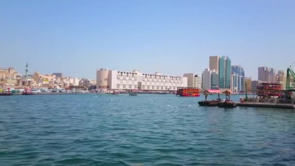 Dubai Uae March 2020 Panorama Dubai Creek Abra Boats Moored — Stock Video