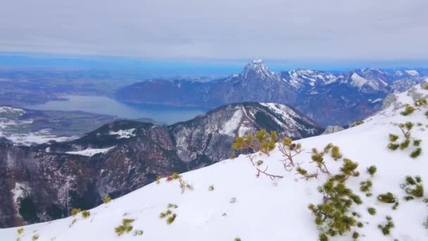 Traunsee Göl Vadisi Apine Yamaçlarındaki Feuerkogel Kayak Merkezinin Karlı Tepesinden — Stok video