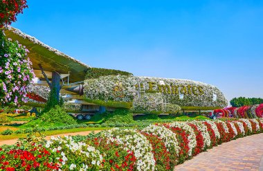 DUBAI, BAE - 5 Mart 2020: The Emirates A380 uçağı, 5 Mart 'ta Dubai' de Miracle Garden 'ın çiçekleri arasında yeşil çimenlikte
