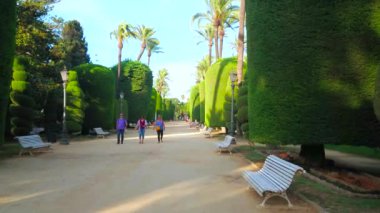 CADIZ, SPAIN - 23 Eylül 2019: 23 Eylül 'de Cadiz' de Ceneviz Parkı 'nın ağaç ağaçları, uzun palmiyeler ve yeşil çimlerle süslenmiş geniş sokak