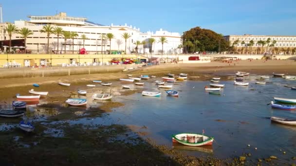 Cadiz スペイン 2019年9月23日 9月23日にカディスで 砂浜と沿岸部の近所を背景にラ カレタ港の浅い上の小さな漁船のパノラマ — ストック動画