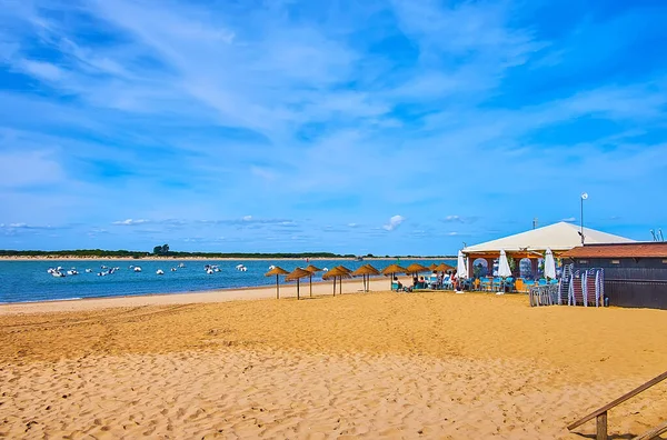 Plaża Las Piletas Nad Rzeką Guadalquivir Letnim Tarasem Kawiarni Łodzi — Zdjęcie stockowe