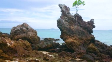 Khai Nok Adası, Phuket, Tayland 'da kayalar ve yıpranmış kayalarla Andaman sahili manzarası