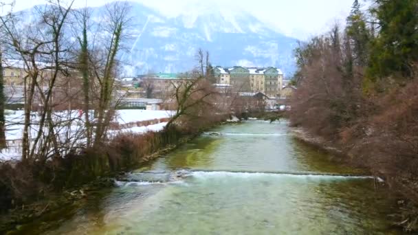 Vista Sobre Río Ischl Flujo Rápido Con Rápidos Bosque Sus — Vídeo de stock