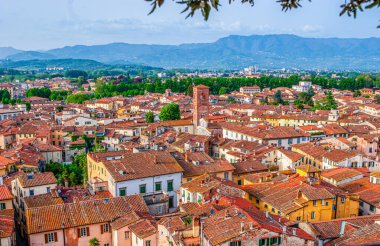 San Pietro Somaldi Kilisesi 'nin tuğla kulesi ve İtalya' daki dağlarla Lucca 'nın hava manzarası.