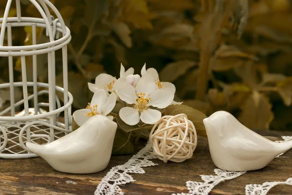 Pájaros Porcelana Jaula Flores Manzano Sobre Fondo Una Hierba Verde —  Fotos de Stock