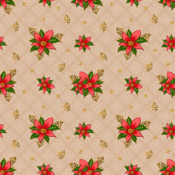 Christmas Poinsettia Light Beige Background Seamless Floral Pattern Paper Scrapbooking — Stock Photo, Image