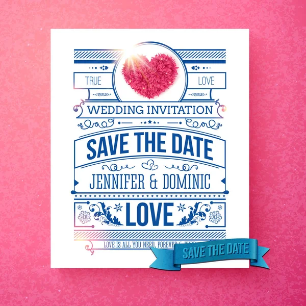 Plantilla Boda Retro Elegante Date Con Texto Azul Blanco Con — Vector de stock