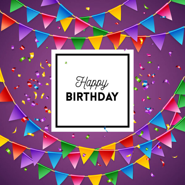 Happy birthday greeting card background design template in purple with streamers and triangular flags