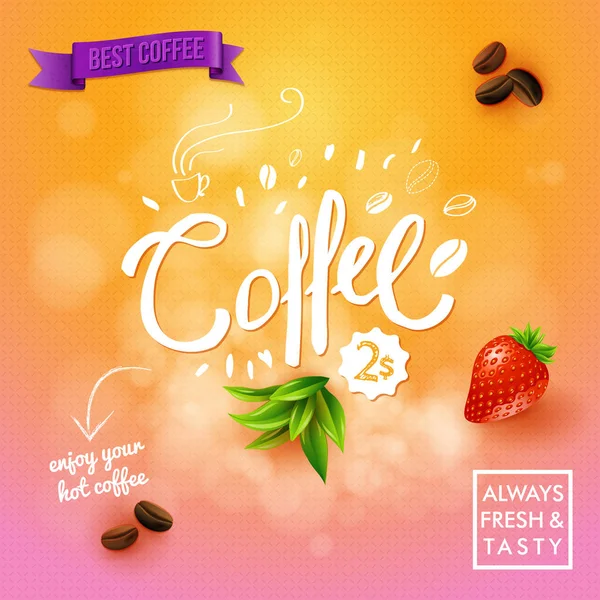 Coffee Text Leaves Fruit Other Objects Orange Pink Background — Stock Vector