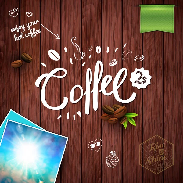 Coffee Text Leaves Banners Photograph Sky Other Objects Wood Paneling — Stock Vector