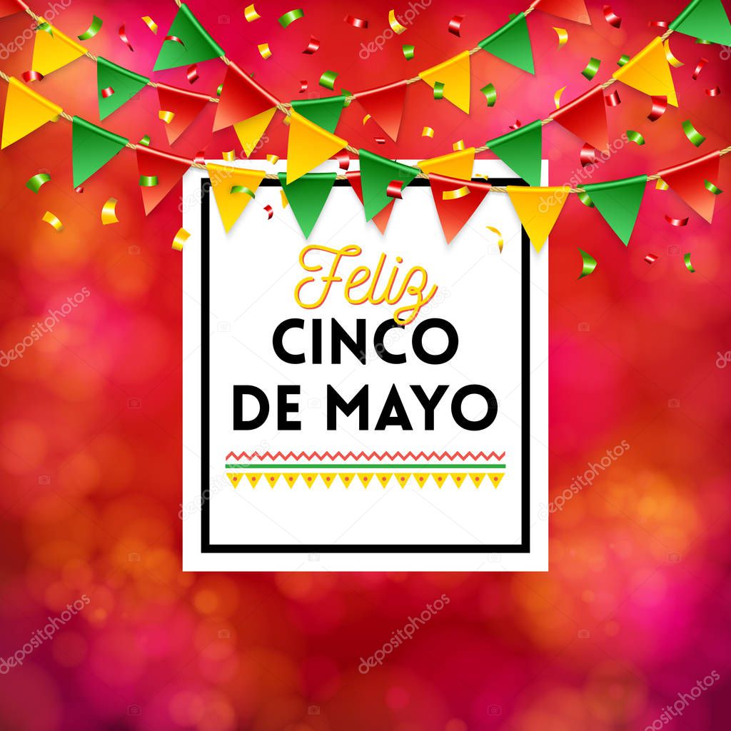 Bright red poster elements for Cinco de Mayo celebration over obscured spotted background with flags