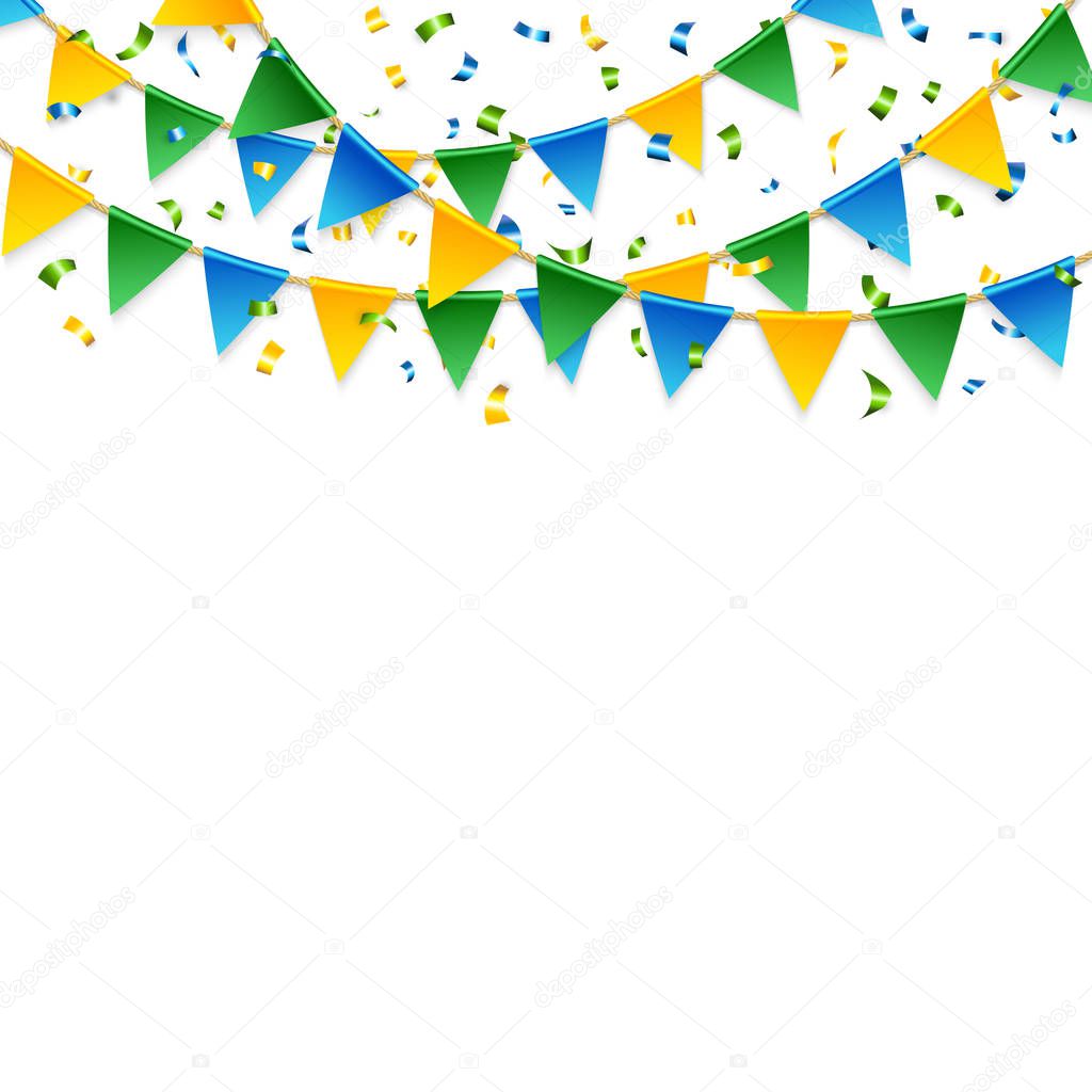 Various party streamers falling in between strings of triangular green, blue and yellow flags over white