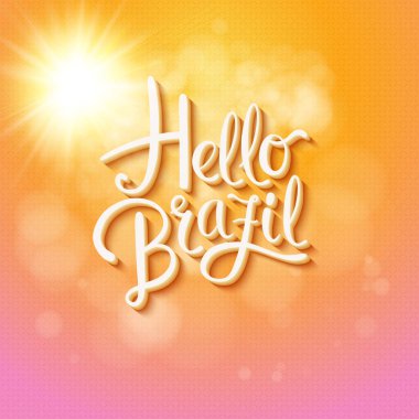 Pembe ve turuncu parlak bir tropikal Sunburst, vektör çizim parlak bir bokeh arka plan üzerine beyaz metin ile parlak renkli Merhaba Brezilya poster veya kart tasarımı