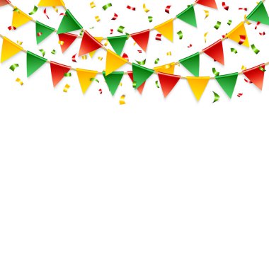 Dekoratif tasarım şablonu bir festival vesilesiyle, tatil ya da yıldönümü çelenk beyaz kopya alanı kenarlıklarını oluşturan üçgen bayrakları ile renkli kiraz kuşu ile