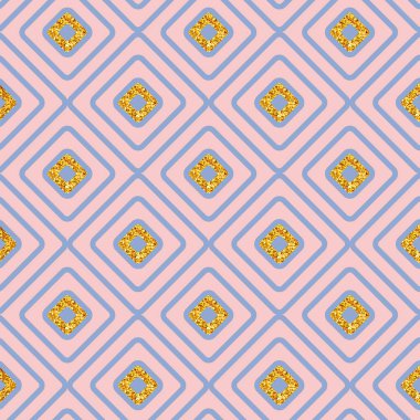 Kesintisiz geometrik arka plan deseni altın glitter aksan pembe ve mavi kare biçiminde yazdırmak için tekstil veya duvar kağıdı, vektör çizim ile elmas