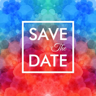 Yer paylaşımlı altıgenler ve merkezi tarihi kaydetmek metin, vektör çizim geometrik desenli canlı soyut kırmızı ve mavi düğün davetiyesi