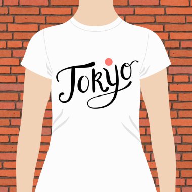 Tokyo t-shirt tasarım şablonu akan metin ve vektör çizim bir tuğla duvara beyaz modellenmiş portre üzerinde kırmızı daire